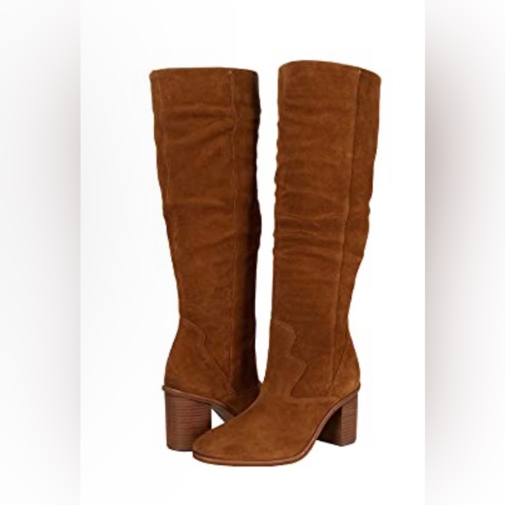 NIB Lucky Brand Knee High Tall Tan Brown High Stacked Heeled Suede Boot Size 10